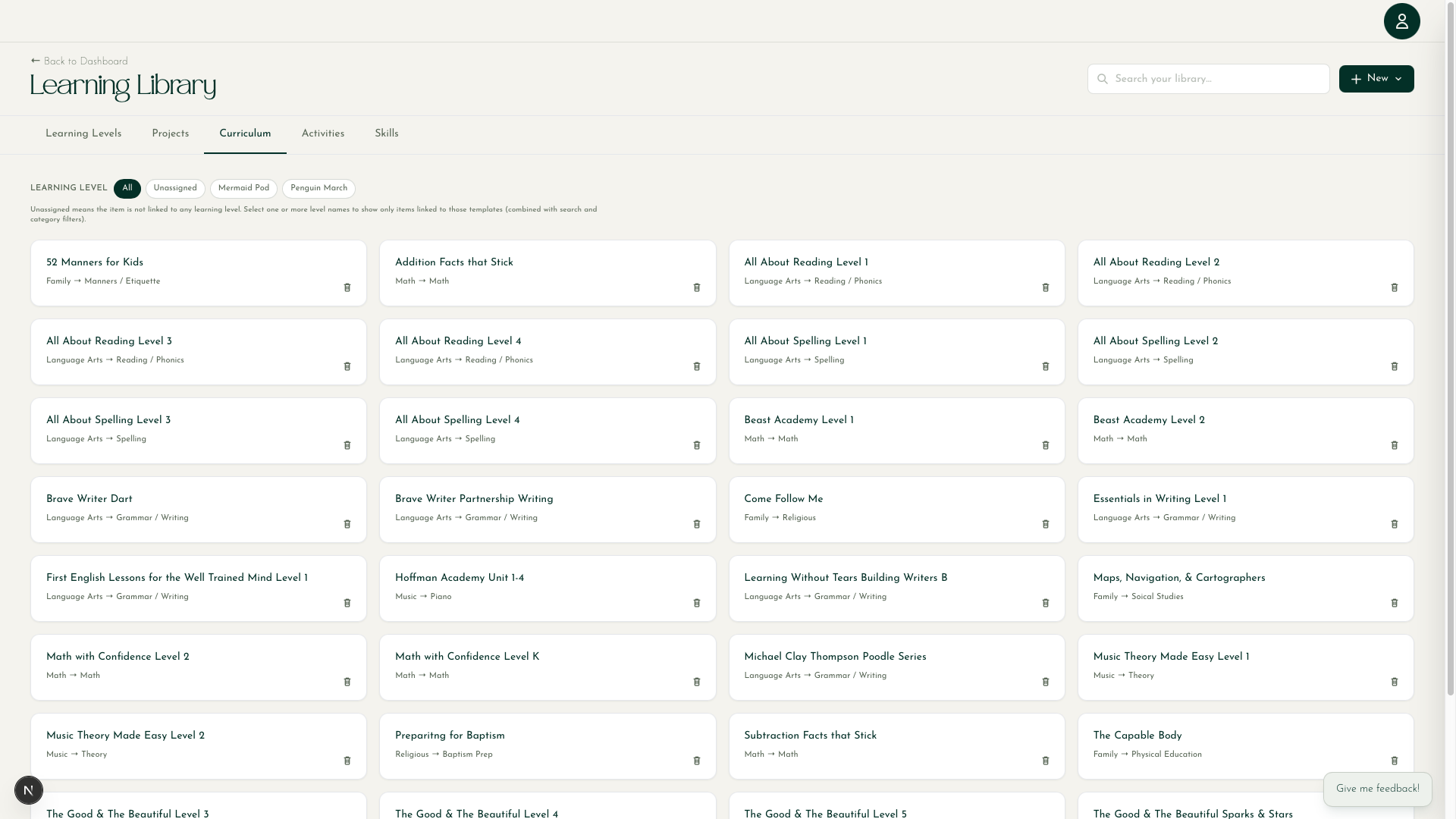 Learning Library showing curriculum, activities, skills, and projects organized in a reusable homeschool catalog