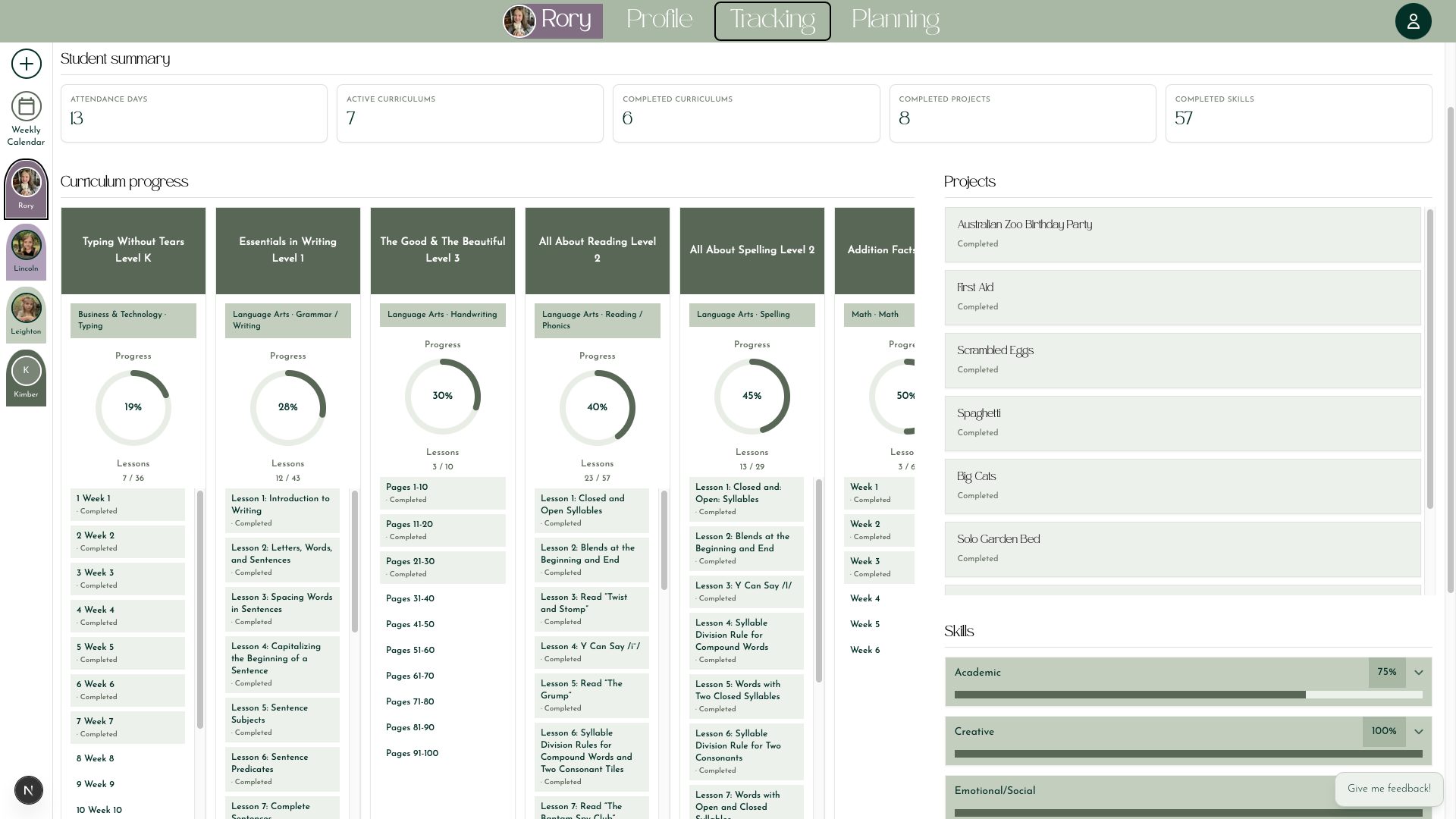 Progress tracking dashboard showing curriculum completion, projects, and skills for a homeschool student