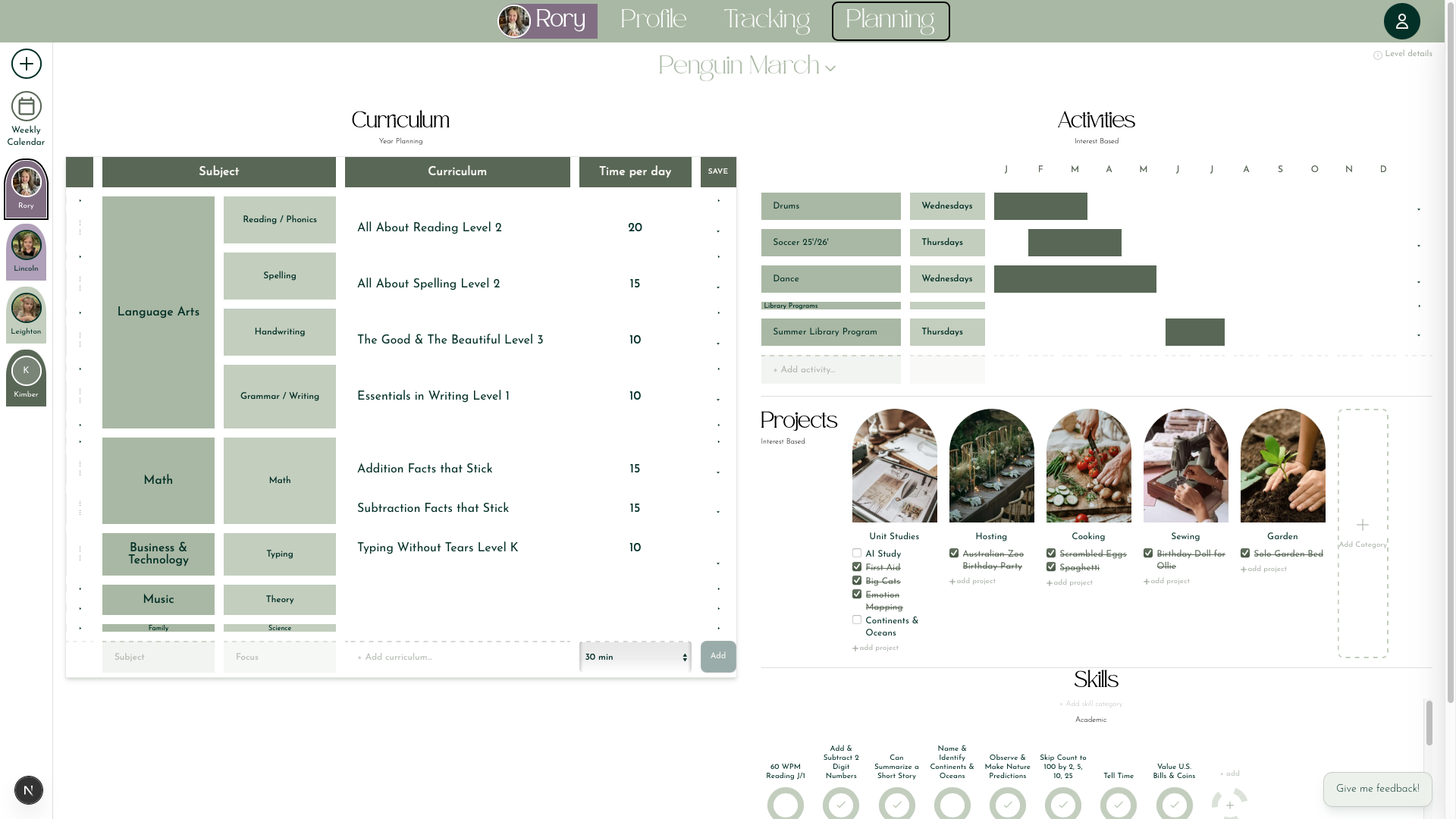 Student planner showing curriculum, activities, projects, and skills for a homeschool year