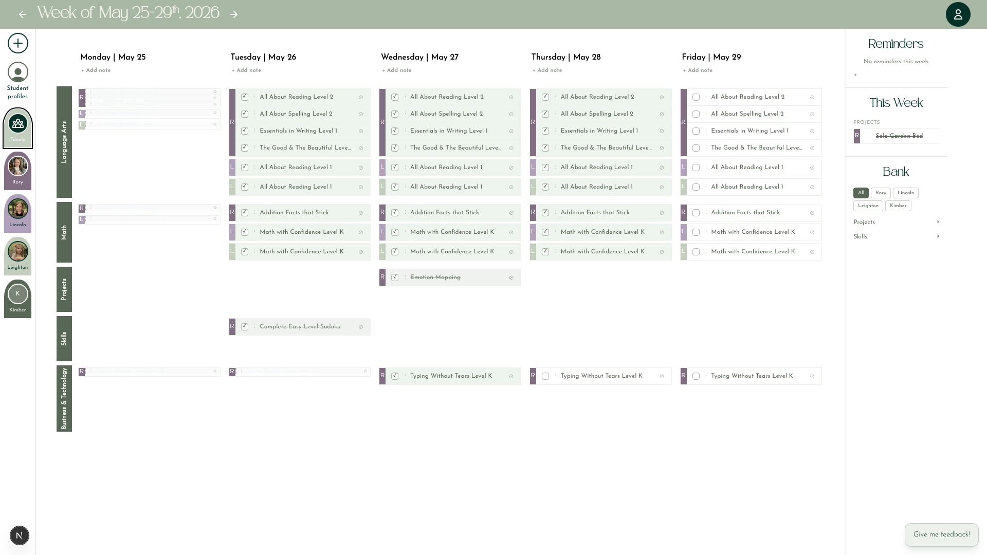 Weekly calendar showing homeschool curriculum, projects, and skills scheduled across the week